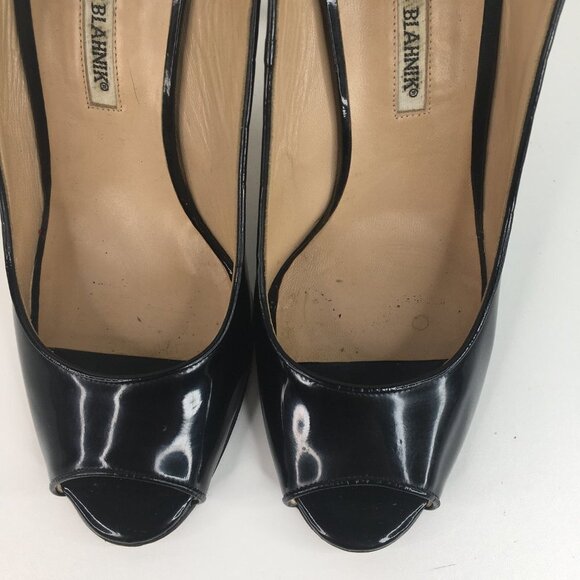 Manolo Blahnik Patent Leather Peep Toe Slingback Black Pumps Size 40.5 - Picture 4 of 9